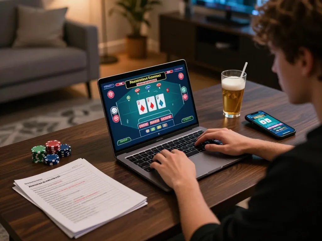 Gamer engaging in online betting with FC88, surrounded by strategy notes and warm lighting.