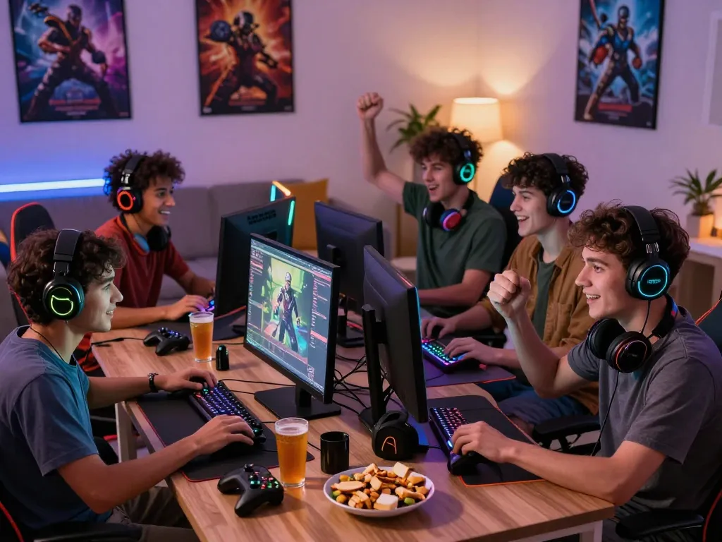 Group celebrating a victory in online gaming on sun win platform with advanced consoles and vibrant atmosphere.