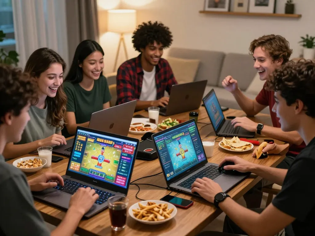 Online lô đề gaming scene with friends engaging in vibrant gameplay, showcasing excitement and interaction in a cozy setting.