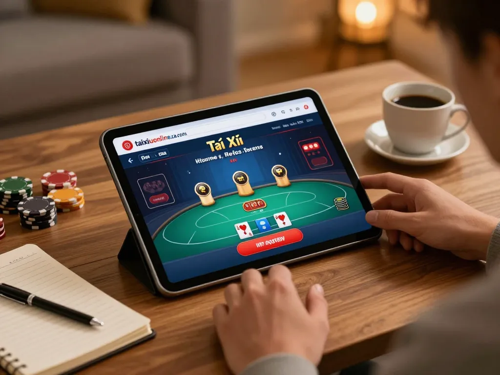 Player engaging with taixiuonline.za.com on tablet, showcasing strategic gambling atmosphere in cozy home setting.