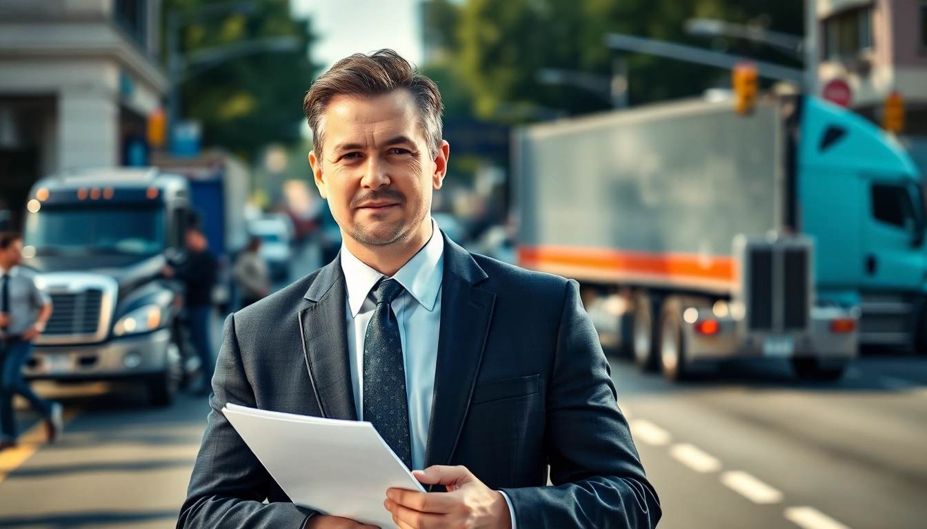 Confident Clearwater truck accident lawyer standing with legal documents amidst a busy accident scene.