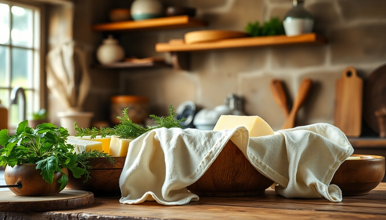 Kaasdoek met vers gemaakte kaas en kruiden in een rustieke keuken.