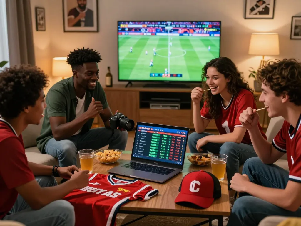 Friends enjoying sports betting with SBOBET while analyzing odds in a cozy living room.