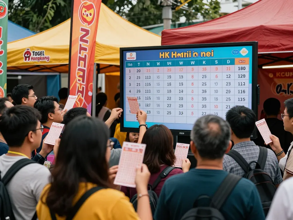 Peserta yang bersemangat merayakan hasil undian HK Hari Ini di acara luar ruangan yang penuh warna.