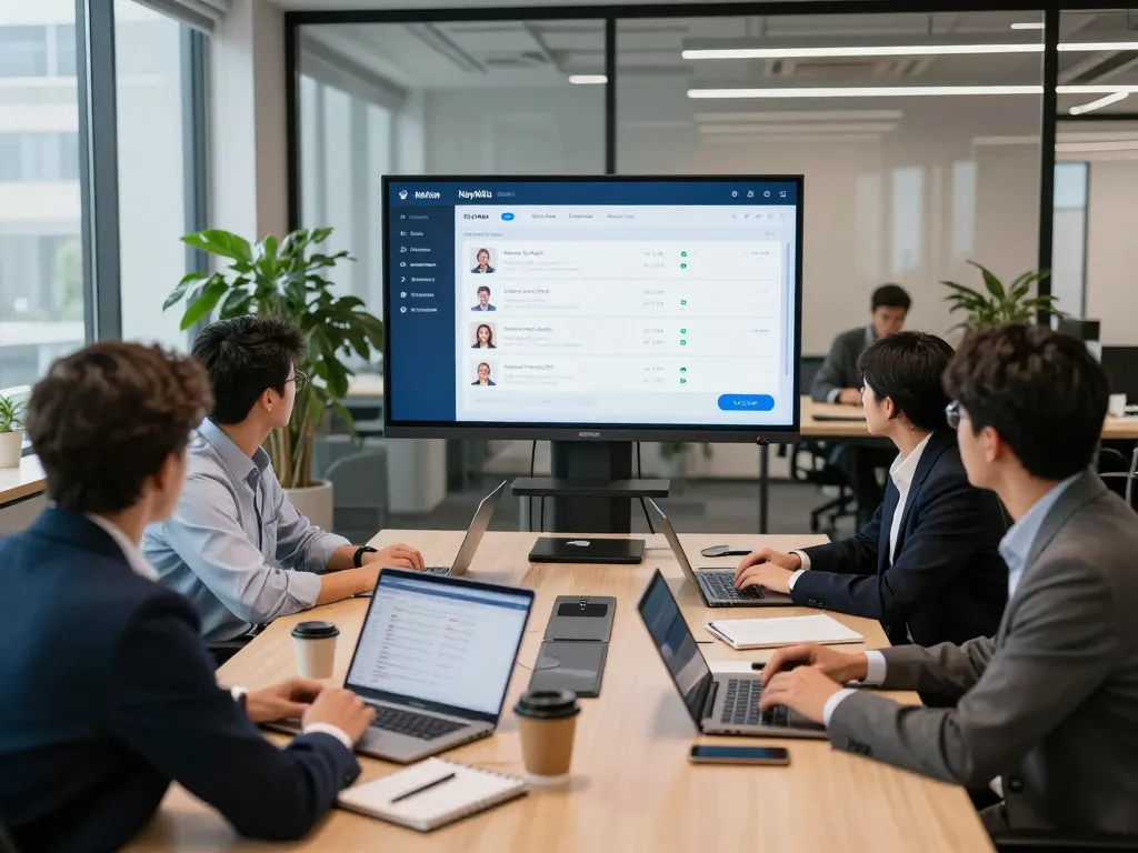AI interviewer technology showcased in a professional office team meeting.