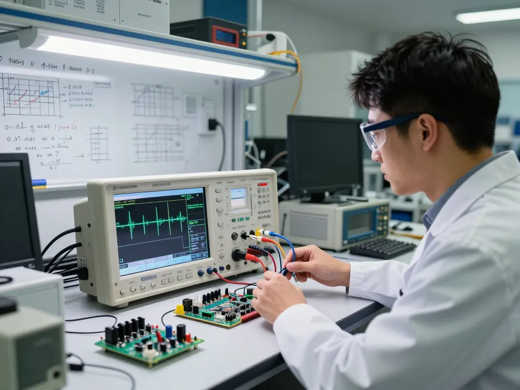 Benchtop oscilloscope explained in a professional lab setting with an engineer analyzing waveforms and electronic components.