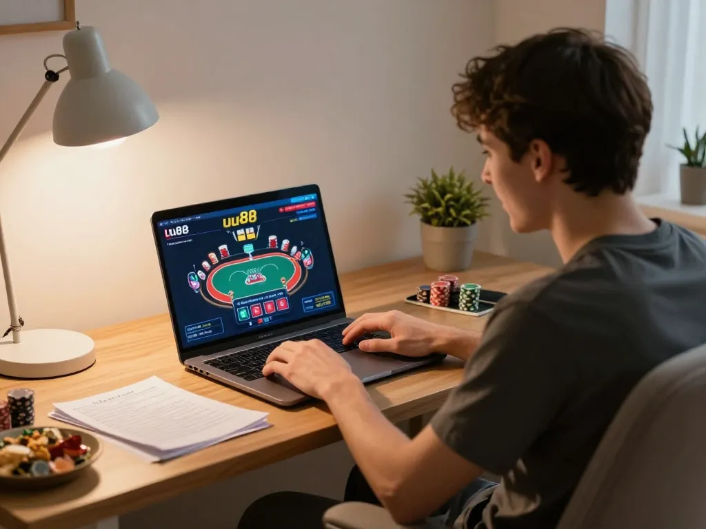 uu88 poker gameplay in a cozy home office with strategy notes and betting excitement