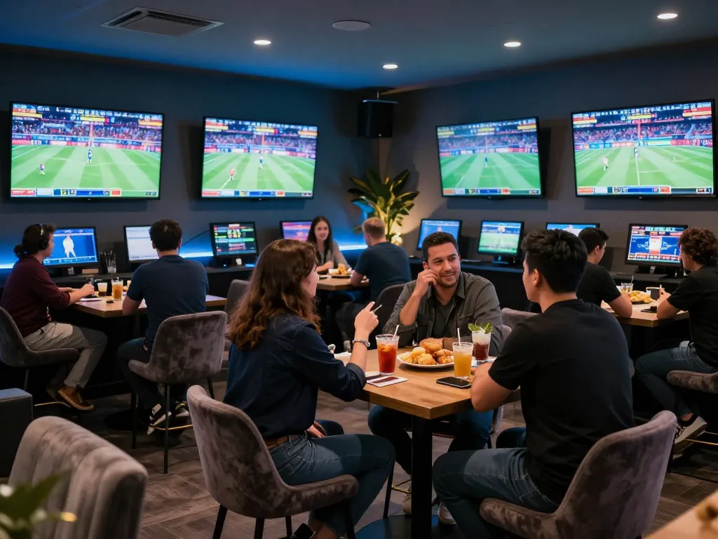 Sports enthusiasts engaging in soi keo nha cai at a modern betting lounge with live screens.