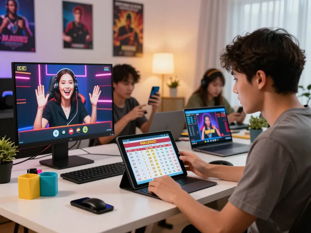 Pemain yang terlibat menganalisis hasil HK Hari Ini di laptop dan smartphone di kantor rumah yang hidup.
