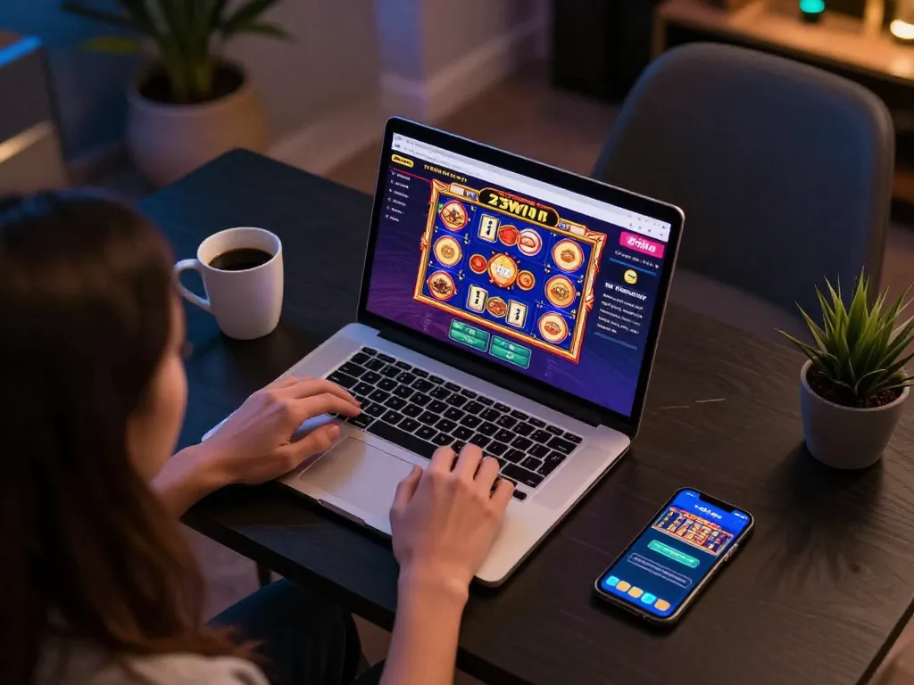 Engaging online gaming activity with 23Win interface showcased in home setting, capturing excitement and strategy.