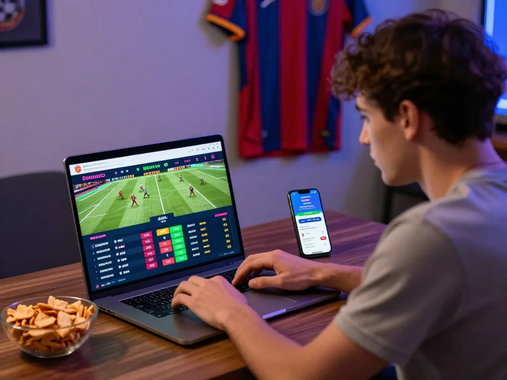 Engaged user placing Judi Bola bets during live football match on a vibrant online platform.
