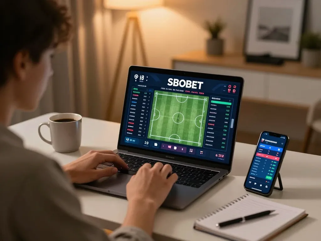 Taruhan langsung SBOBET di laptop dengan peluang waktu nyata yang ditampilkan, menciptakan suasana bermain yang bertanggung jawab.