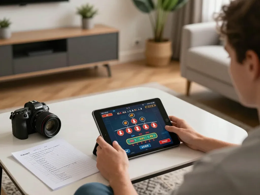 Home gaming setup with a tablet displaying nhà cái lv88 live dealer gameplay, showcasing responsible gambling strategies.