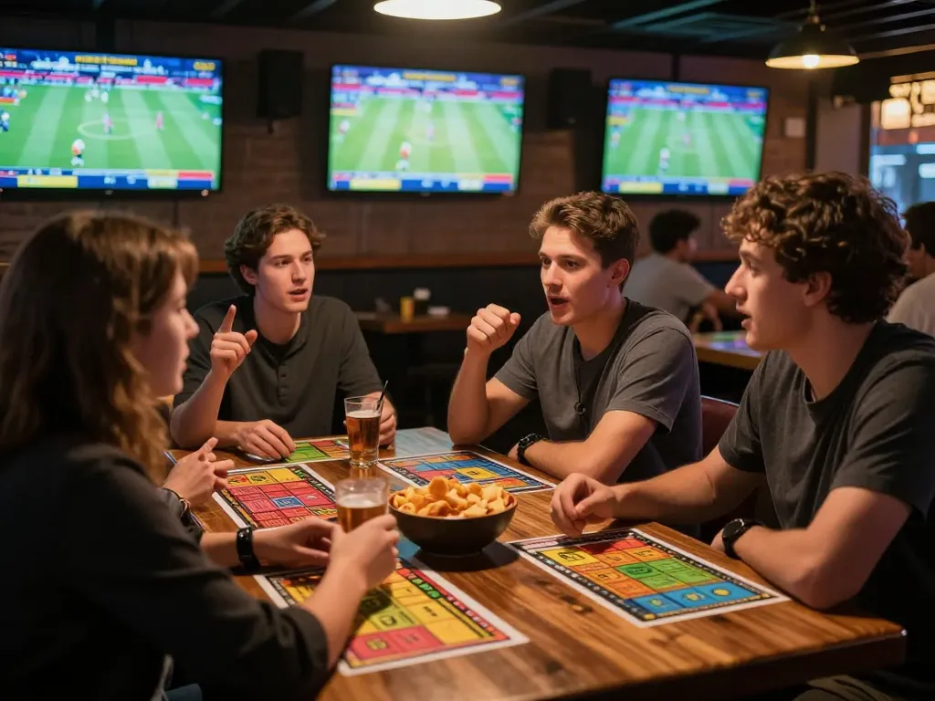 Kegembiraan Judi Bola di bar olahraga yang ramai dengan penggemar yang mendiskusikan taruhan.