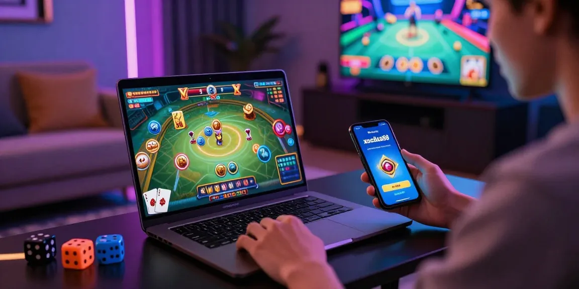 Xocdia88 player enjoying a thrilling online gaming experience with a stylish laptop and smartphone in a vibrant setting.