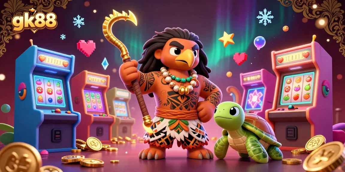 Experience the excitement of gk88 with vibrant slot machines and a Polynesian demigod in this captivating illustration.