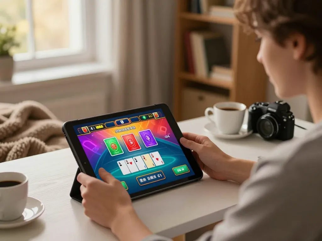 Player strategizing in an lc88 live dealer game on a tablet at home surrounded by a cozy atmosphere