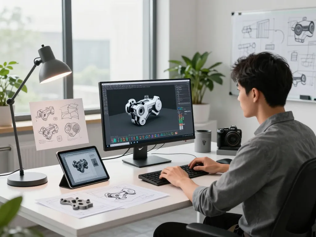 3D modeling expert using text to cad software in a modern engineering workspace