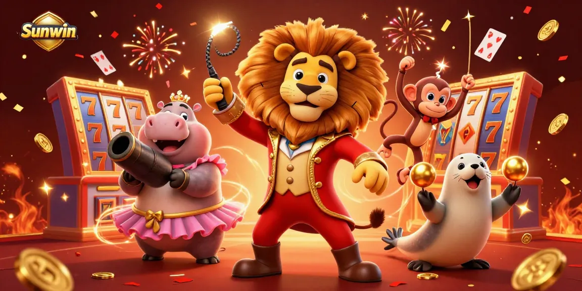 Spin vibrant slot reels with Sunwin’s delightful 3D circus characters in a dynamic casino scene.