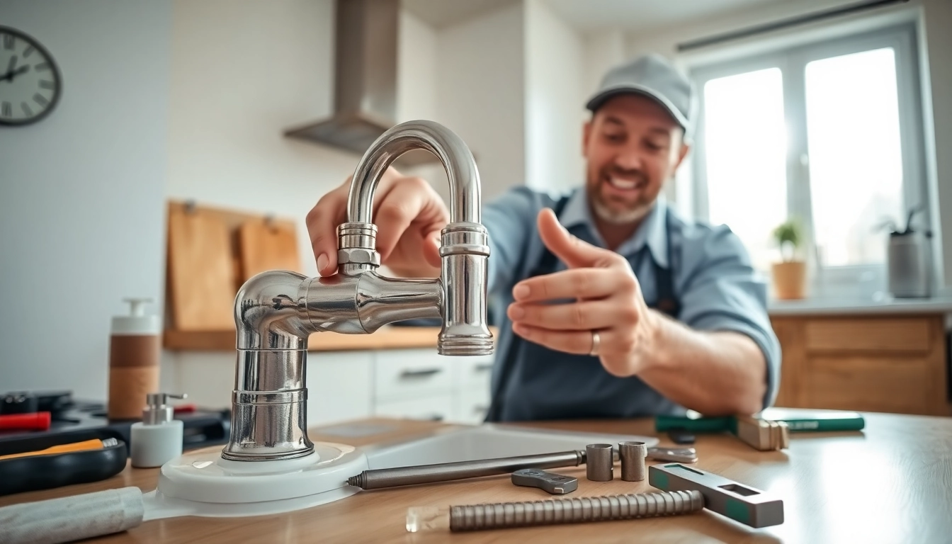 Find experienced plumber near me fixing the leaky faucet in a bright kitchen.
