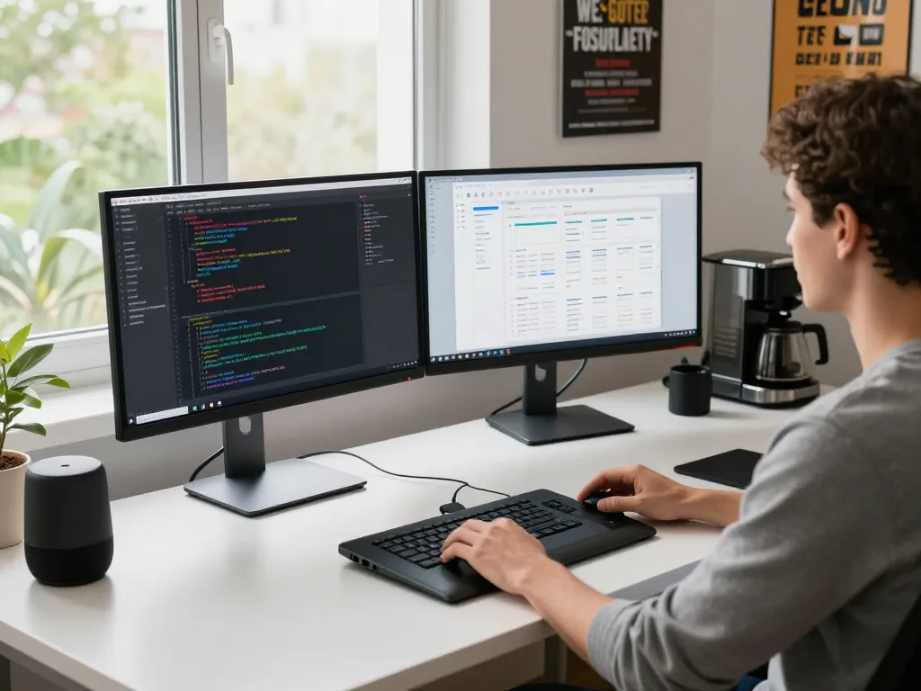 Software engineer working on WPS project in a modern tech office.