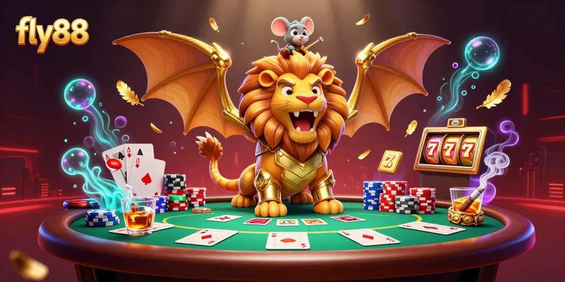 Experience epic wins at fly88 with a 3D chimera creature and poker elements in a vibrant casino scene.