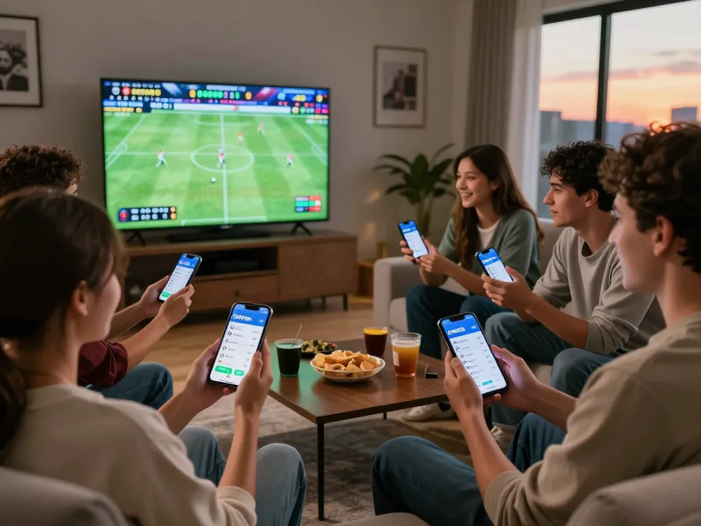 Group enjoying sports betting on OKFUN app in a cozy living room.