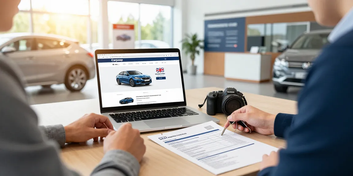 Buyer reviewing a reg check UK report at a dealership, ensuring informed car purchase.