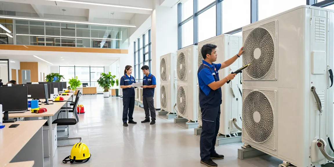 Facilities maintenance team inspecting HVAC systems in a bright commercial building, ensuring operational safety and efficiency