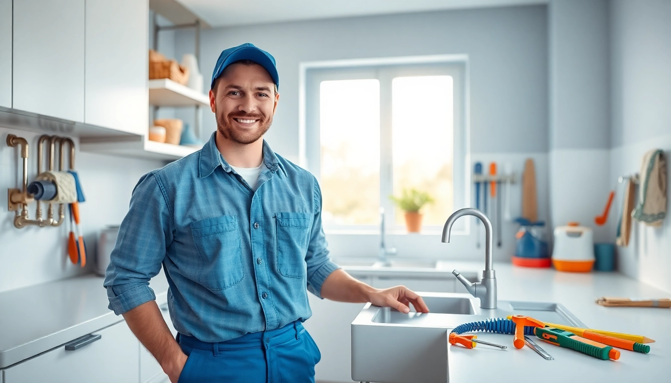 Find a reliable plumber near me actively working in a modern kitchen.