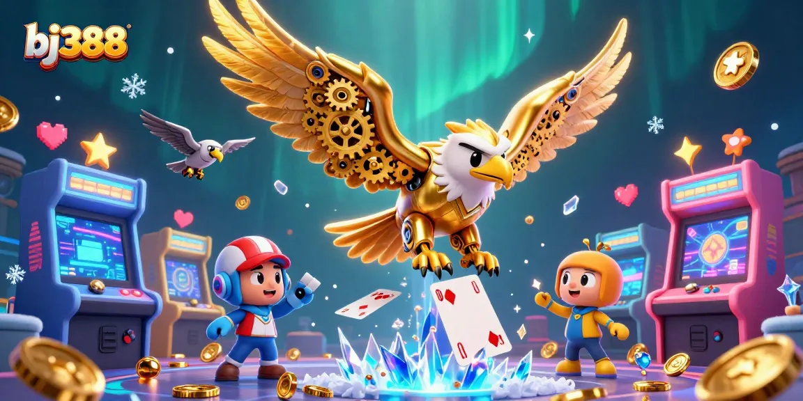 Experience thrilling gameplay with bj388's cybernetic eagle against a vibrant casino-themed backdrop.