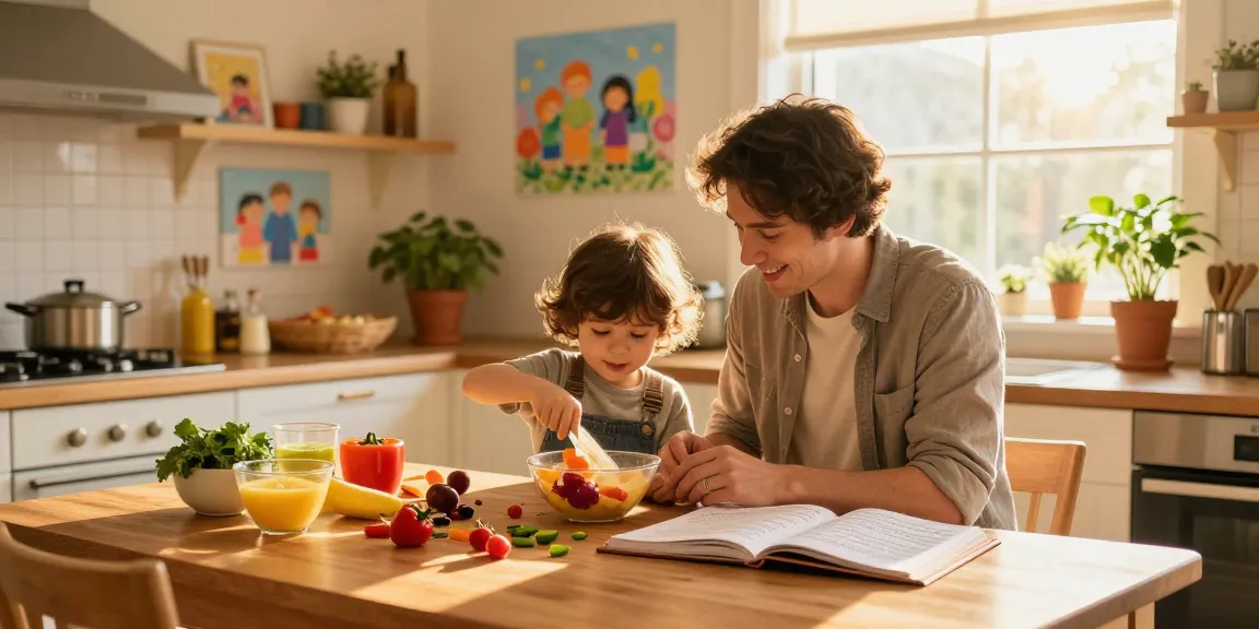 A parent and child bonding over family recipes at thestorybookstomach.com, highlighting joyful cooking moments.