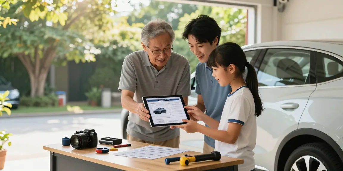 Family reviewing car history report via reg check UK in a bright driveway.