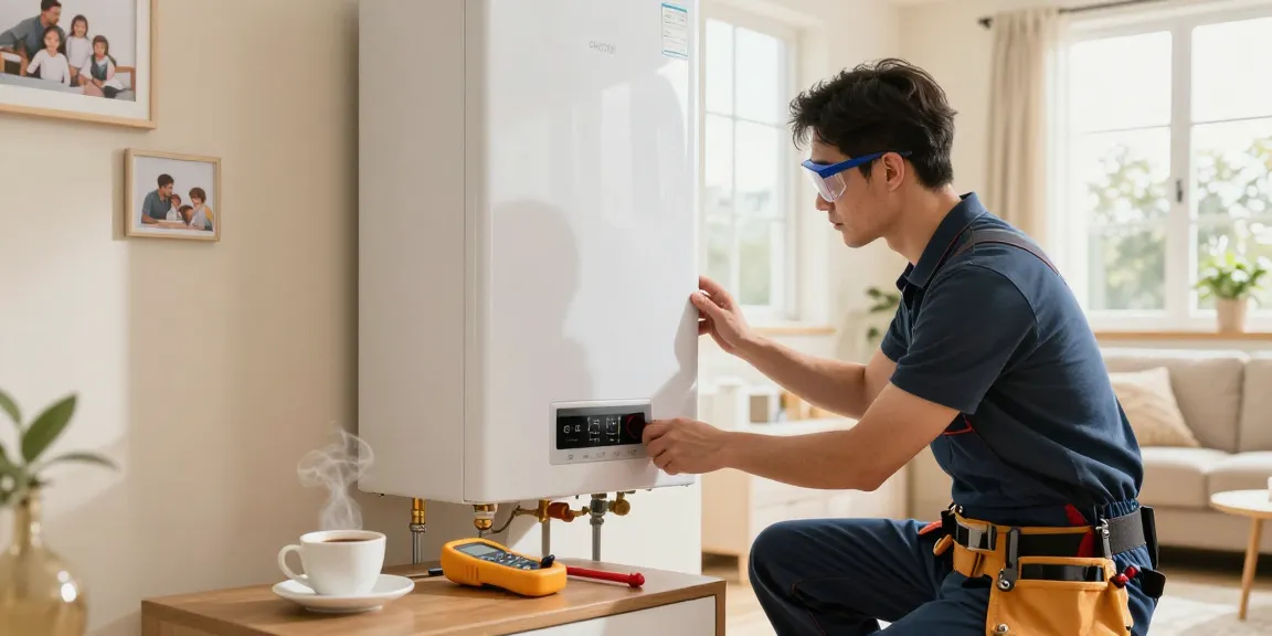 Technician providing van kombi servisi in a cozy living room, ensuring home heating efficiency.