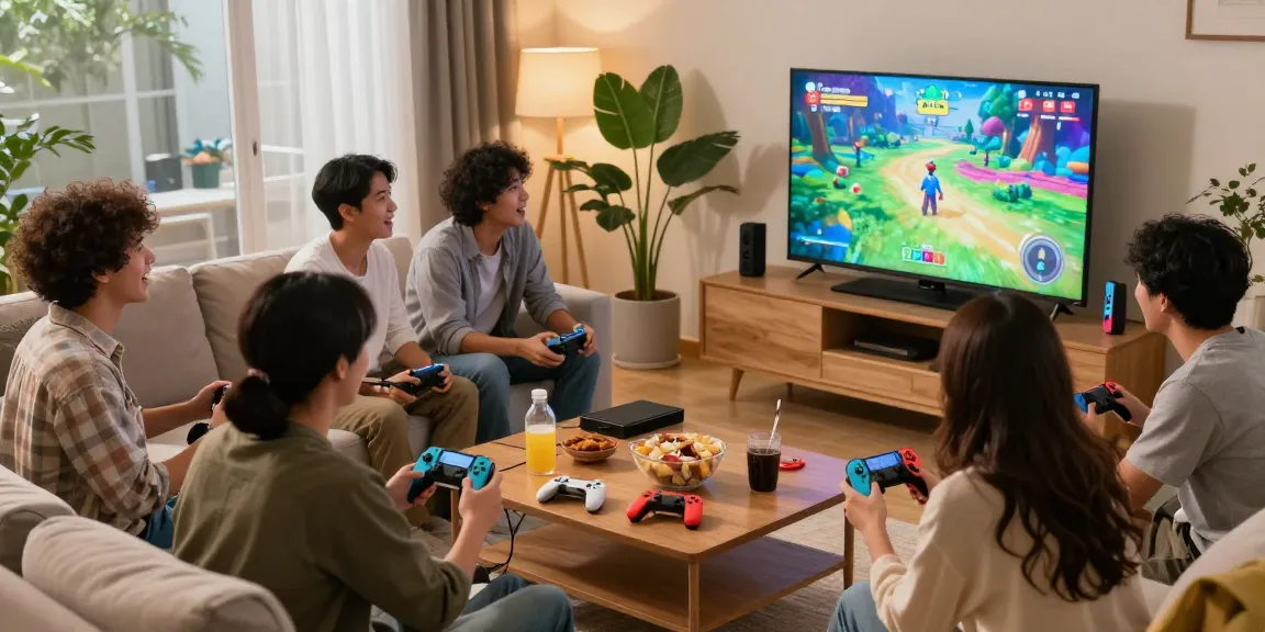 Friends enjoying Switch ROMs while gaming in a cozy living room atmosphere