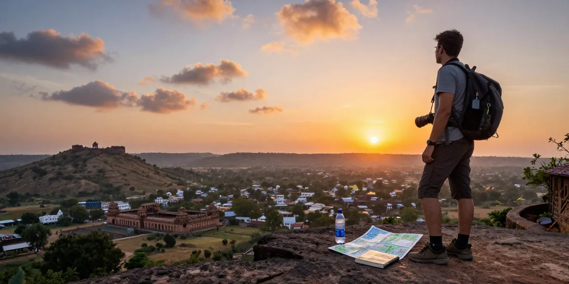 Adventure traveler at stunning Kurnool viewpoint during sunset with breathtaking landscape.