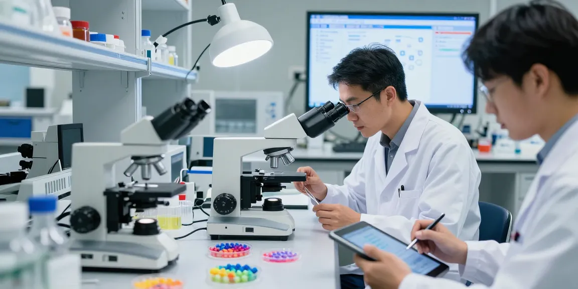 Technicians examining polymer expandable microspheres in a high-tech laboratory, showcasing precision in materials analysis.