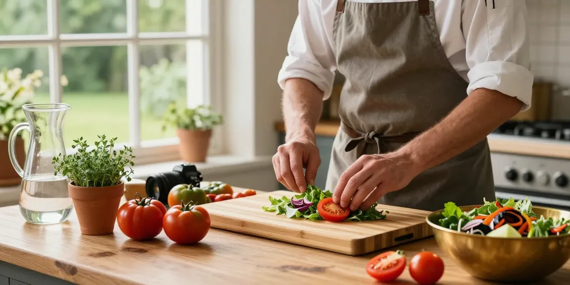 Preparing fresh salad on a totally bamboo cutting board in a rustic kitchen.