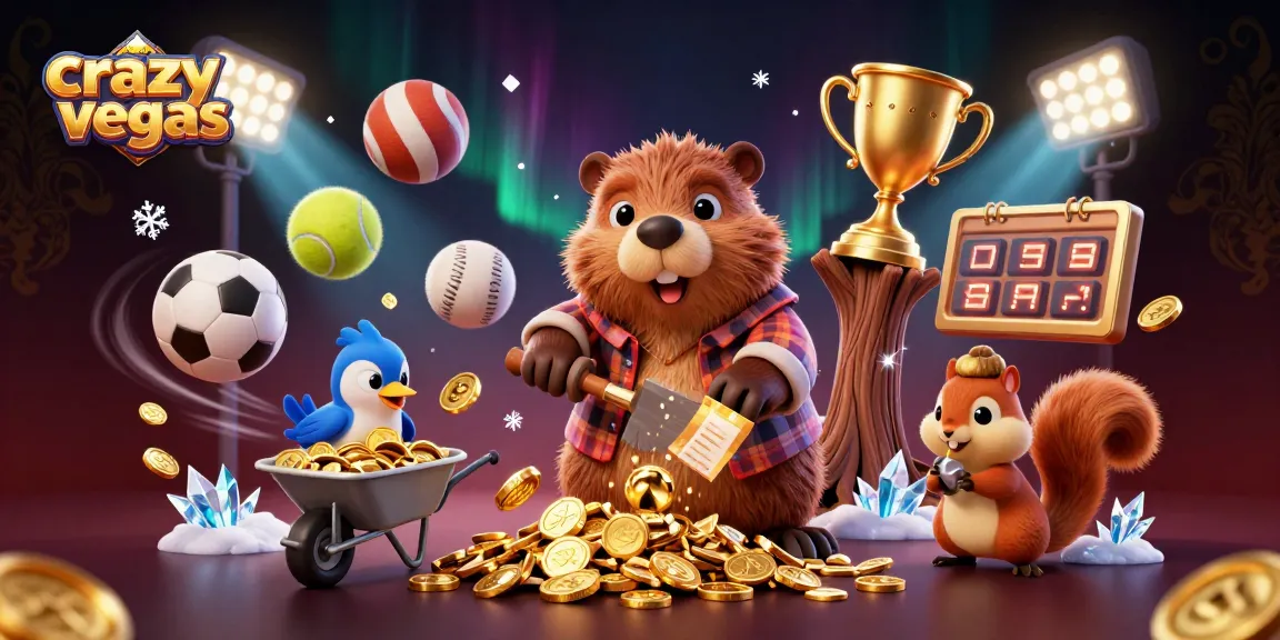 Engage with crazyvegas through a lively 3D illustration of a lumberjack beaver amidst coins and sports elements.