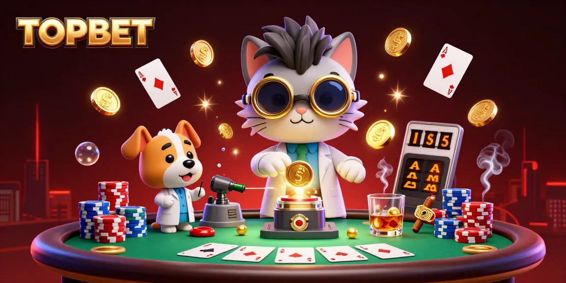 TOPBET showcases a high-energy scene with a mad scientist cat and assistant creating wealth in an exciting casino setting.