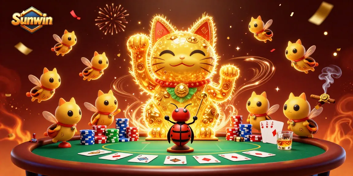 Play at Sunwin with vibrant casino-themed visuals showcasing a lucky cat and poker scene.