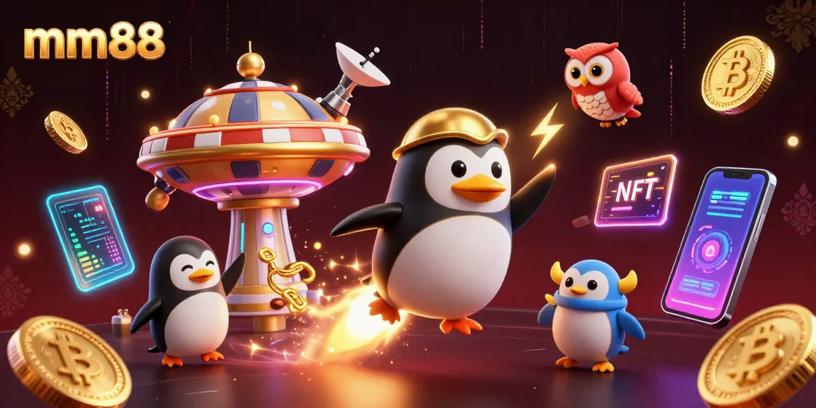 Experience exciting gameplay at mm88 with a vibrant rocket-powered penguin in a futuristic casino