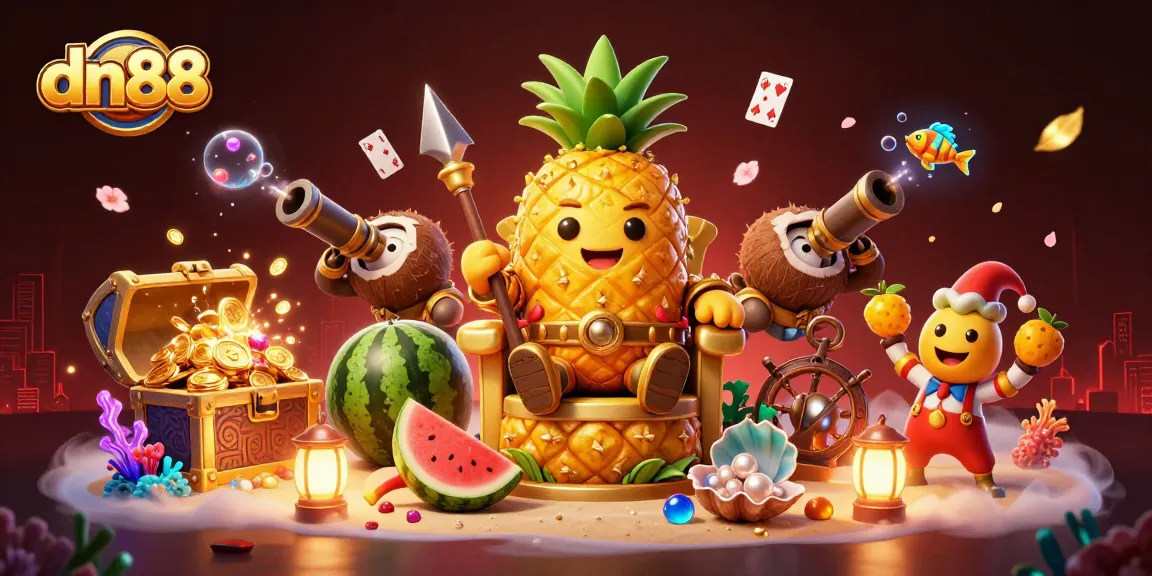 Experience the thrilling world of dn88 online casino with vibrant, dynamic elements surrounding a king character amidst a treasure-filled beach.