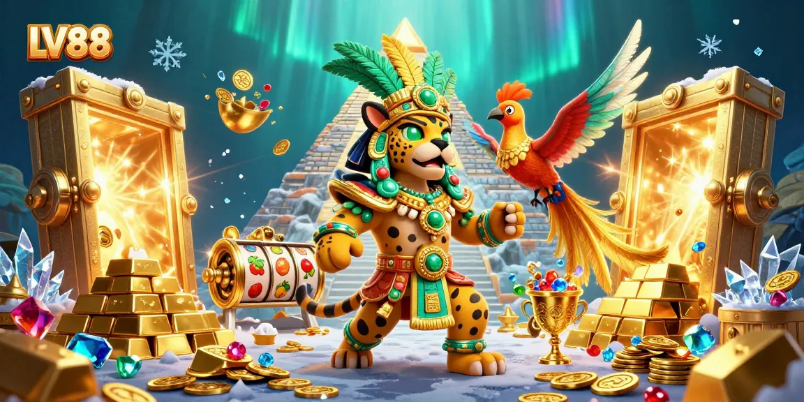 Experience the thrill of LV88 with vibrant slot reels and treasures in a dazzling 3D scene.