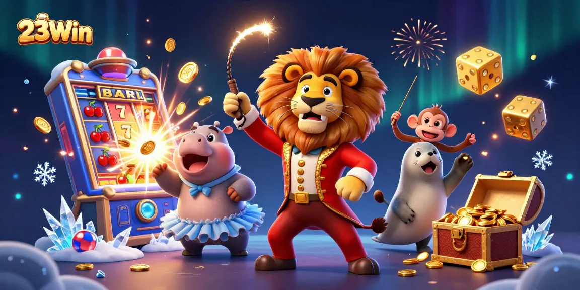 Experience thrilling jackpots at 23Win with a vibrant 3D illustration of circus characters and casino elements.