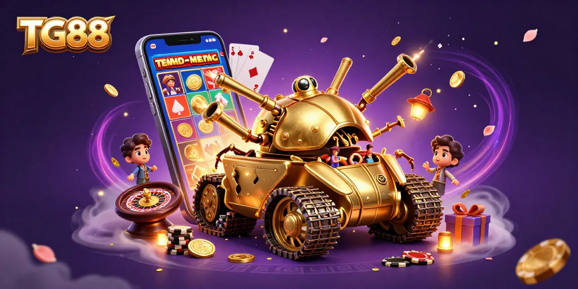 Experience the excitement of TG88 with a golden beetle tank revealing a miniature casino and vibrant gaming elements.